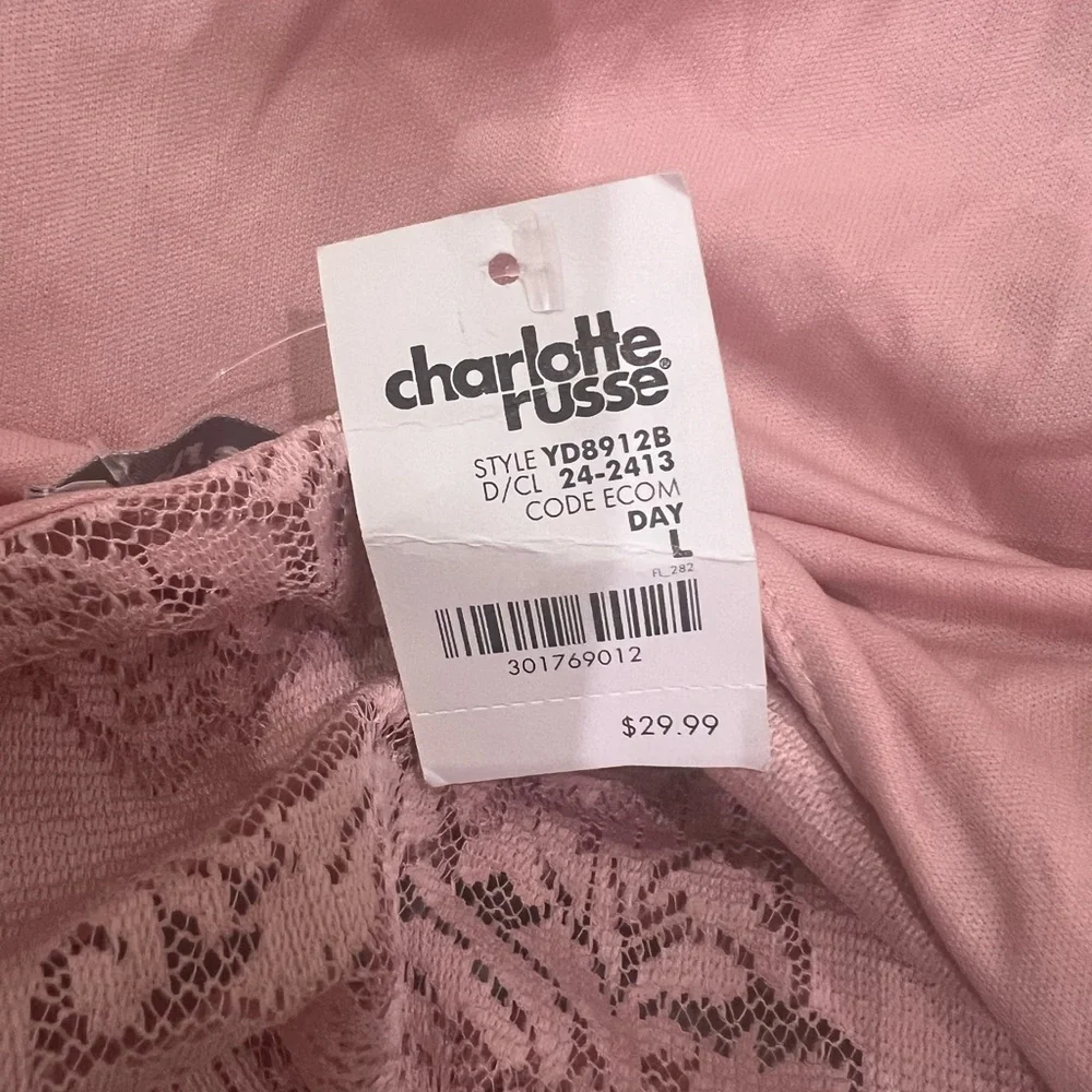 BRAND NEW Charlotte Russe Pink Lace Hi Lo Dress Size Large - Picture 2 of 2